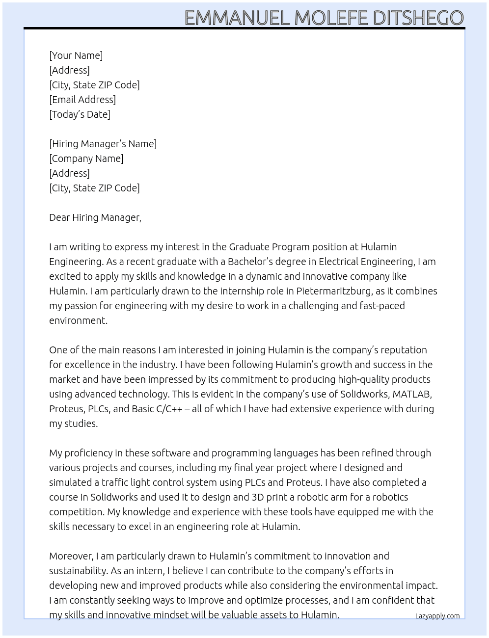 Graduate program At HULAMIN ENGINEERING Cover Letter