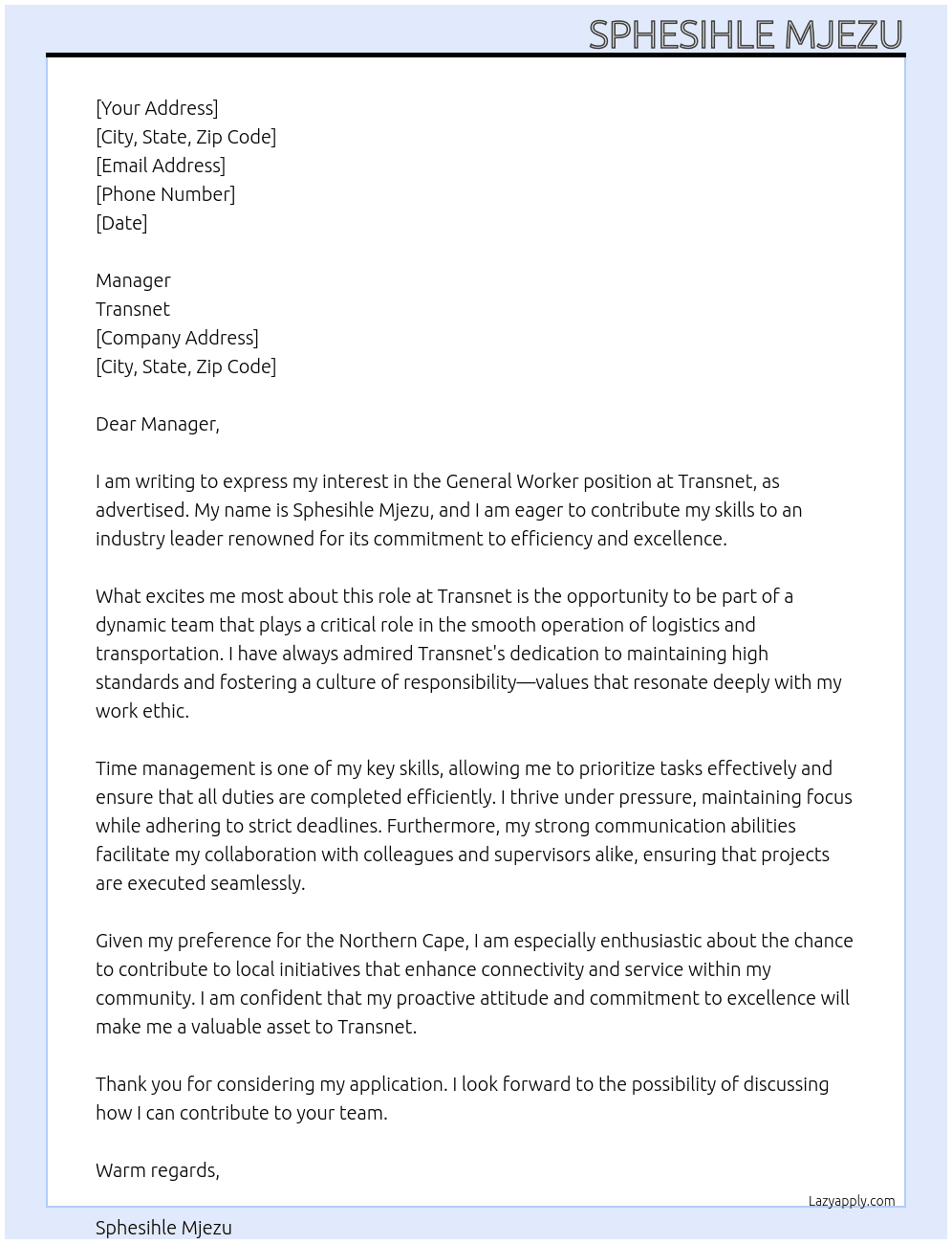General worker At Transnet Cover Letter