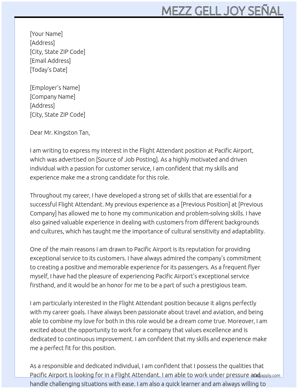 Flight Attendant At Pacific Airport Cover Letter