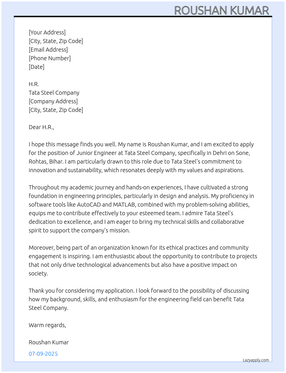 Junior engineer At Tata steel company Cover Letter