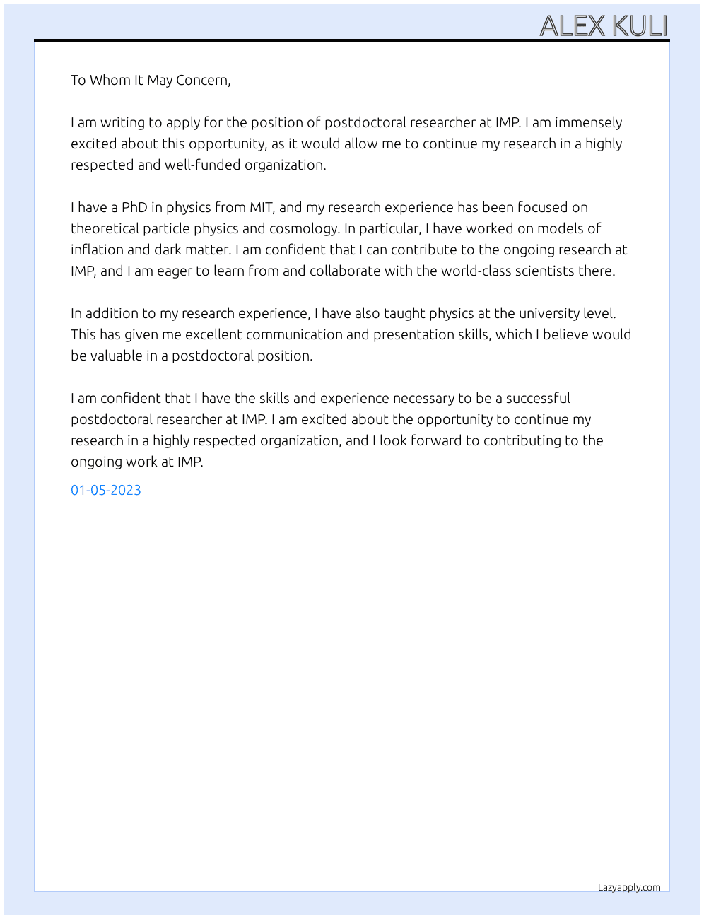 post doctoral researcher At IMP Cover Letter