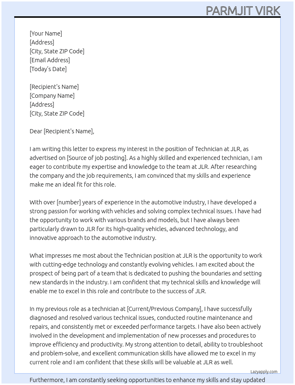 Technician At JLR Cover Letter