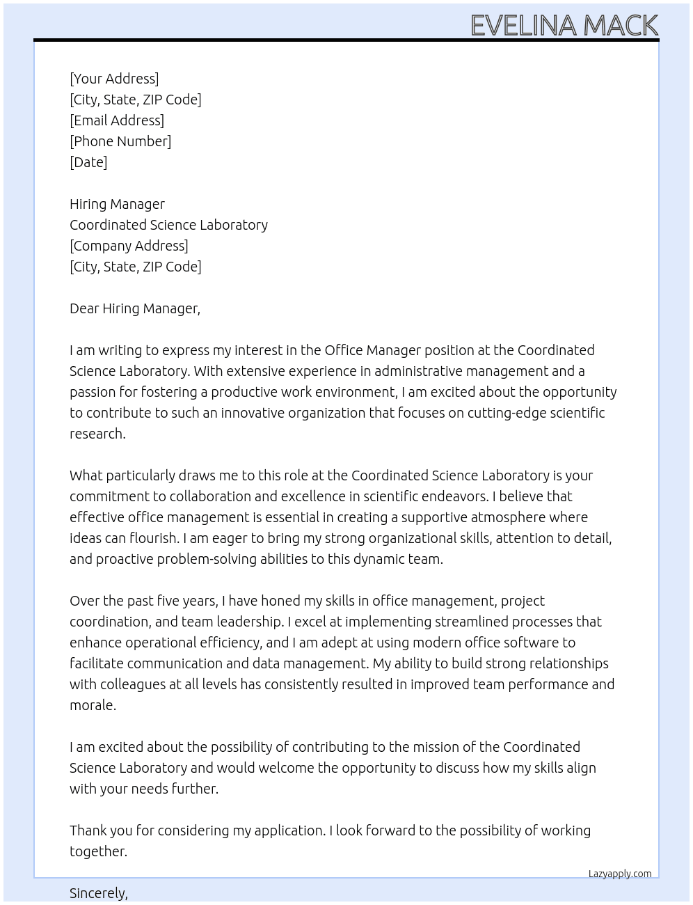 Office Manager At Coordinated Science Laboratory Cover Letter