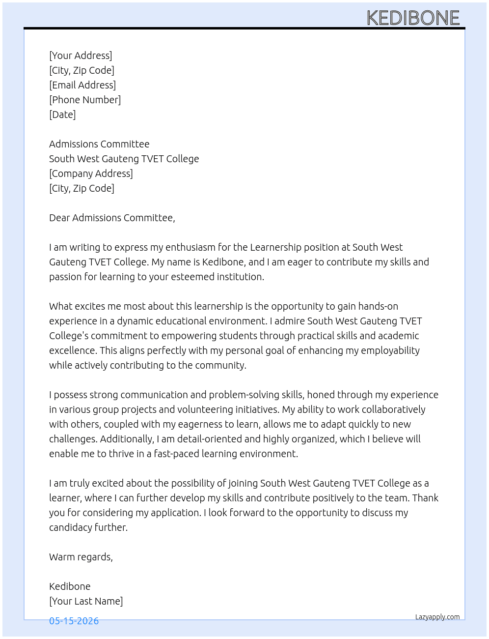 Learnership At South west gauteng tvet college Cover Letter