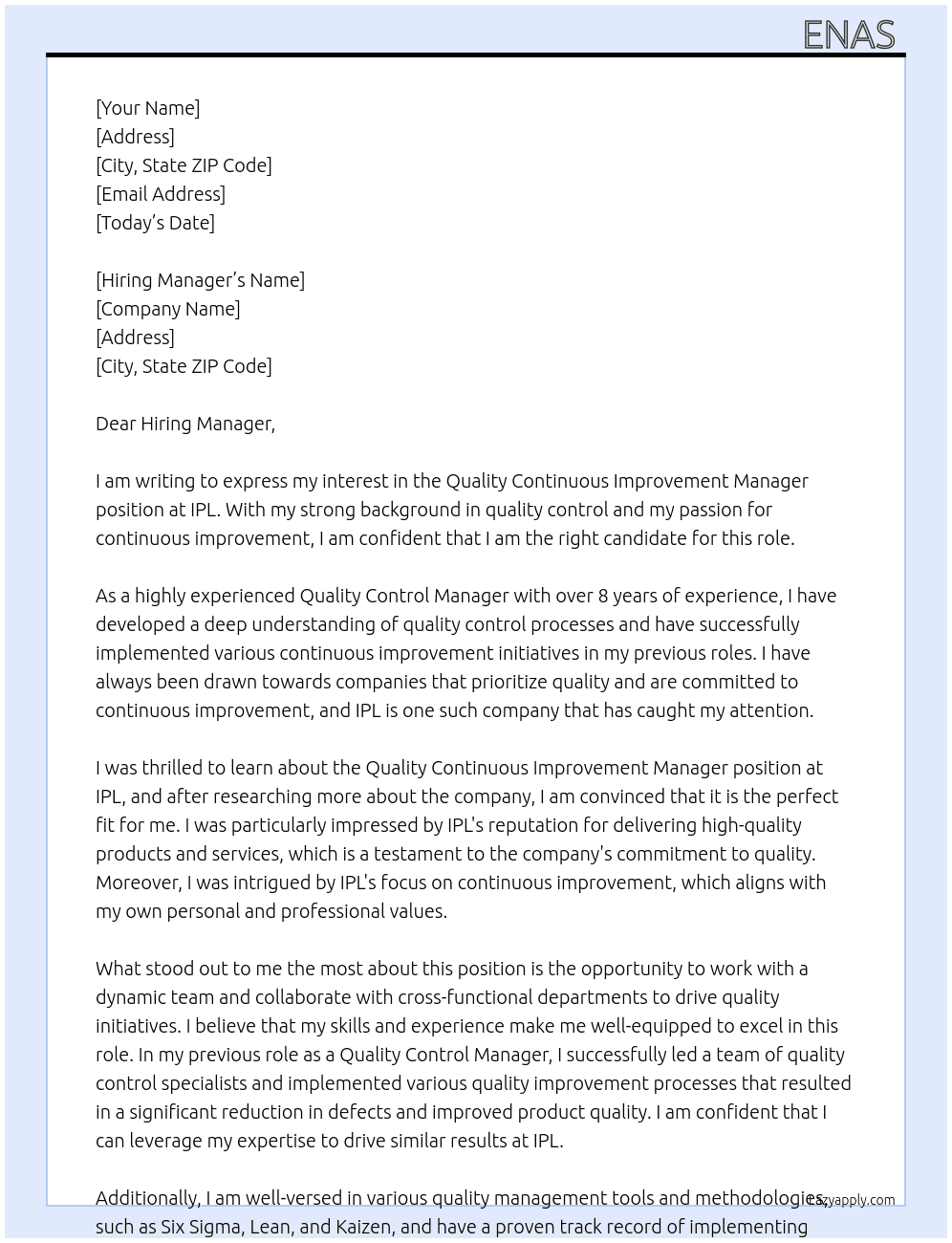 Quality continuous improvement manager At IPL Cover Letter