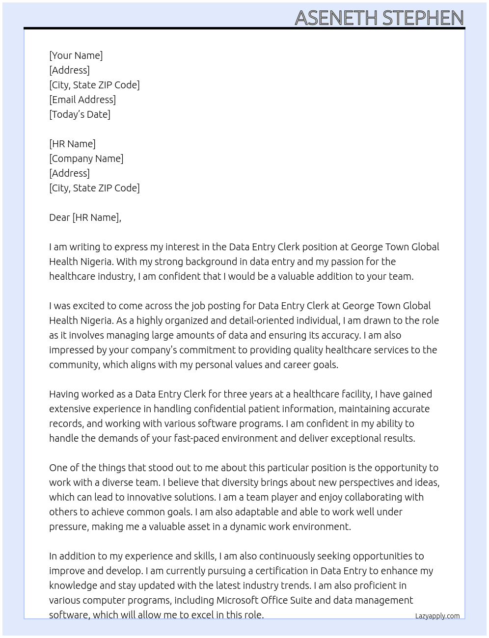 Data Entry Clerk At GEORGE TOWN GLOBAL HEALTH NIGERIA Cover Letter