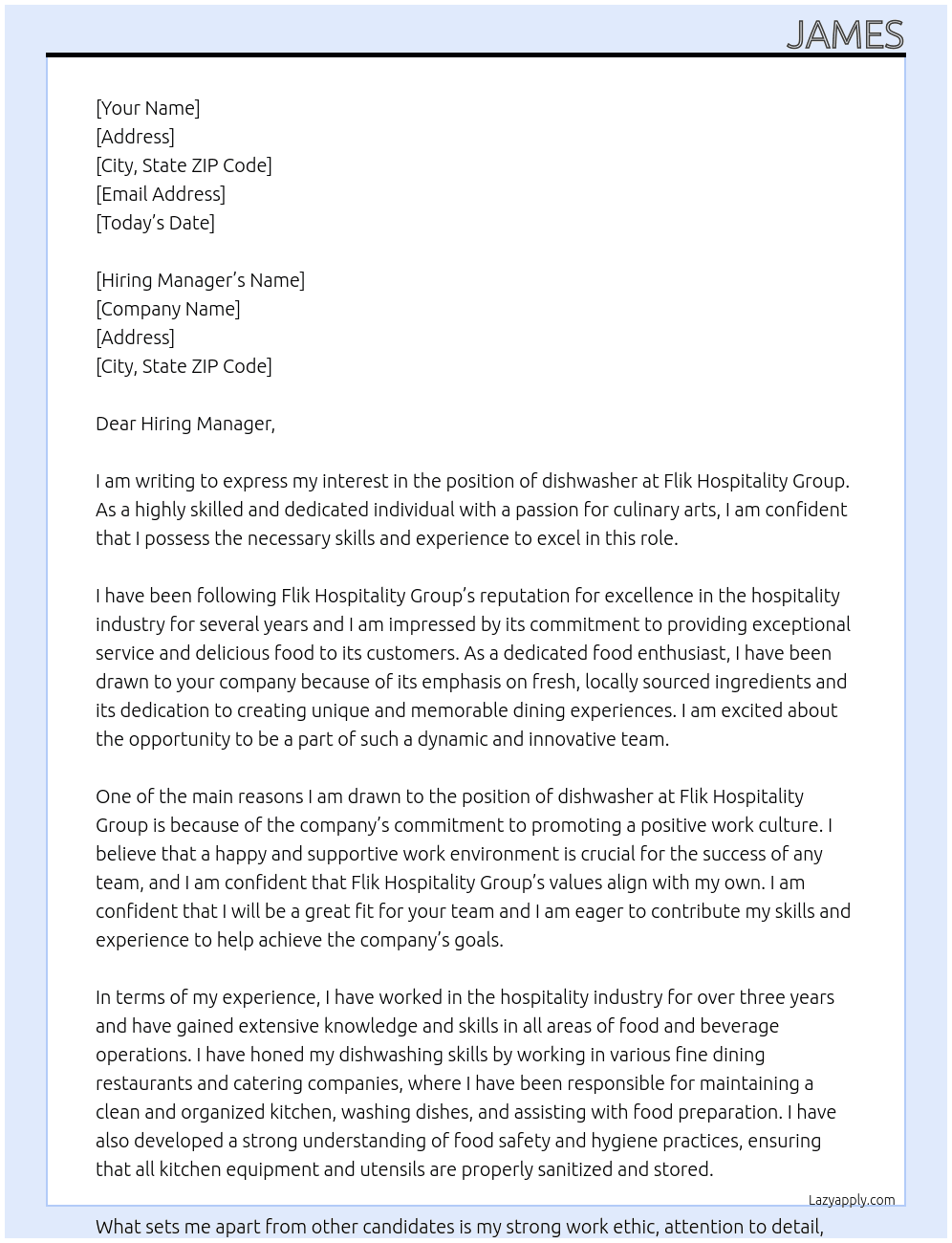dishwasher At Flik Hospitality Group Cover Letter