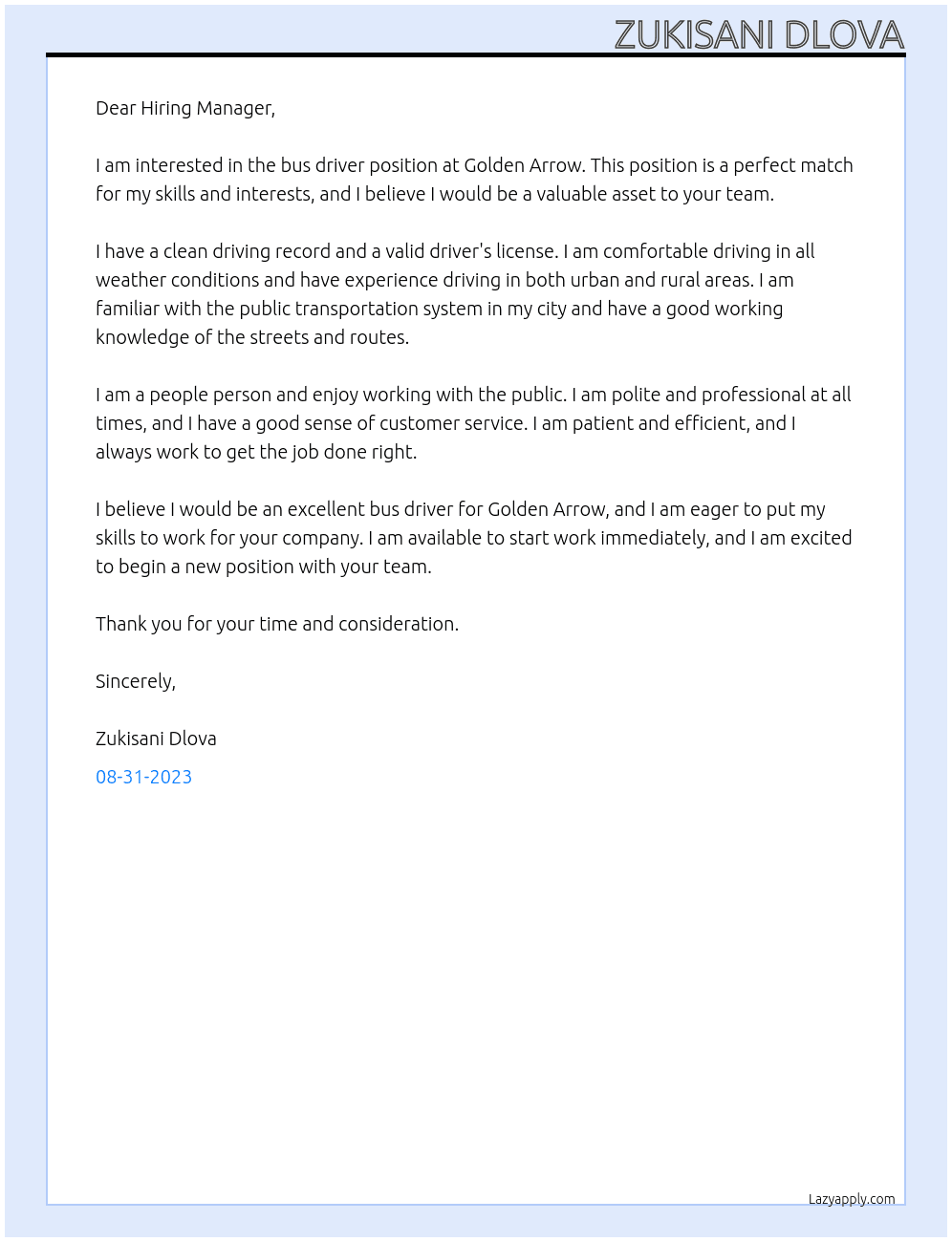 Bus driver At Golden Arrow Cover Letter