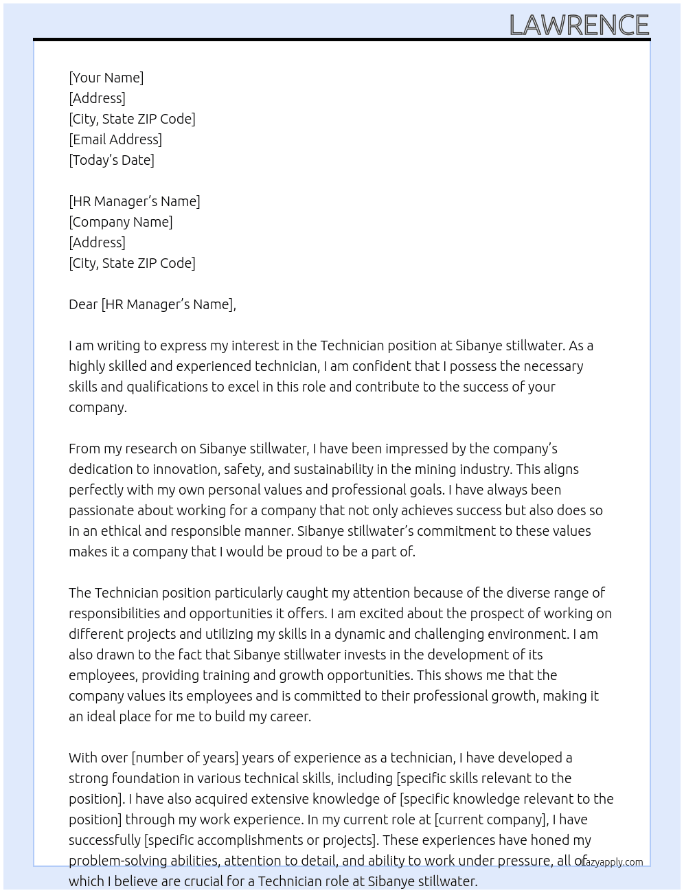 Technician At Sibanye stillwater Cover Letter