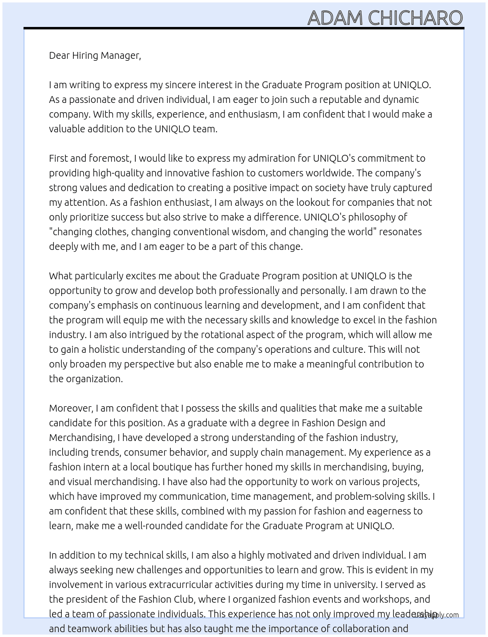 Graduate Program At UNIQLO Cover Letter