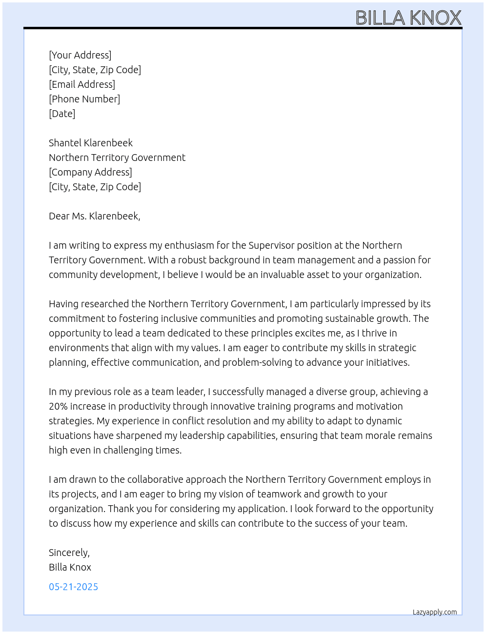 Supervisor At Northern Territory Government Cover Letter