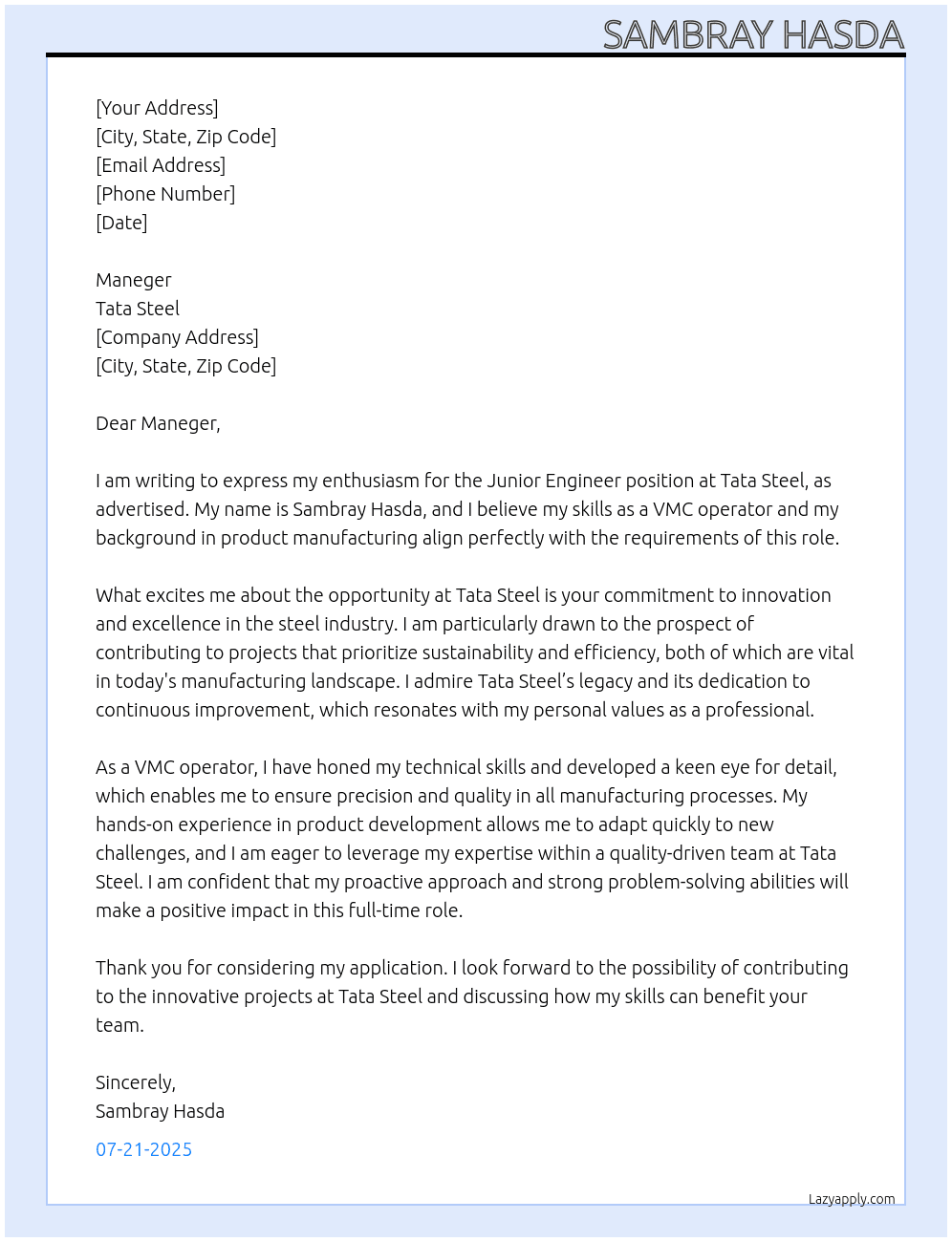 Junior Engineer At Tata steel Cover Letter
