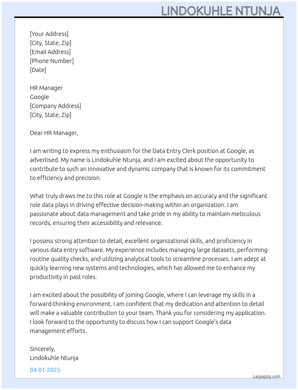 Data entry clerk At Google Cover Letter