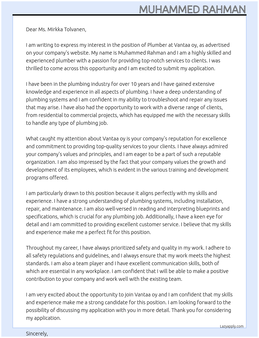 Plumber At Mirkka tolvanen Cover Letter