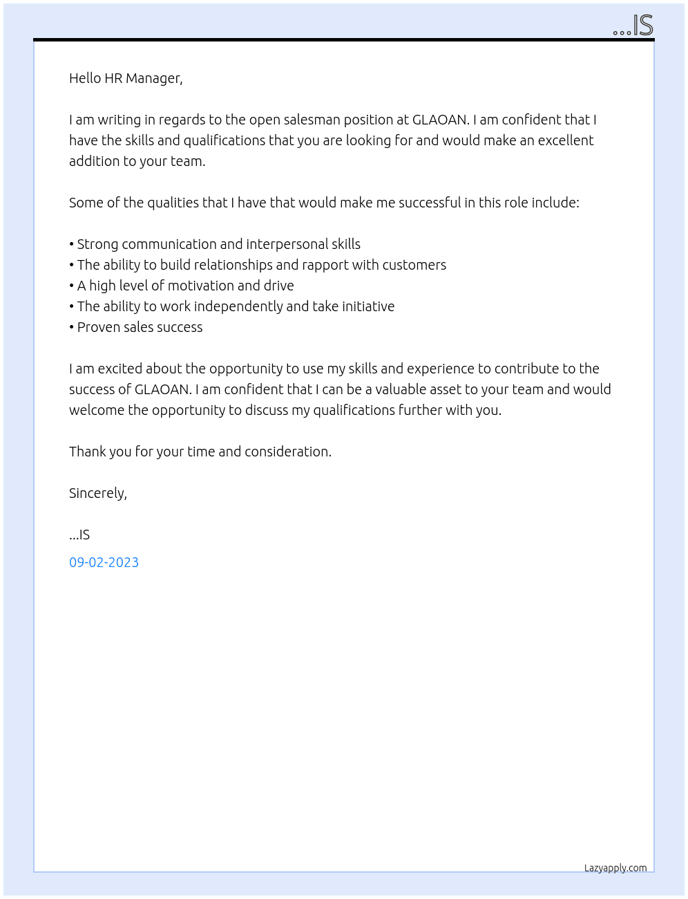 SALESMAN At GLAOAN Cover Letter