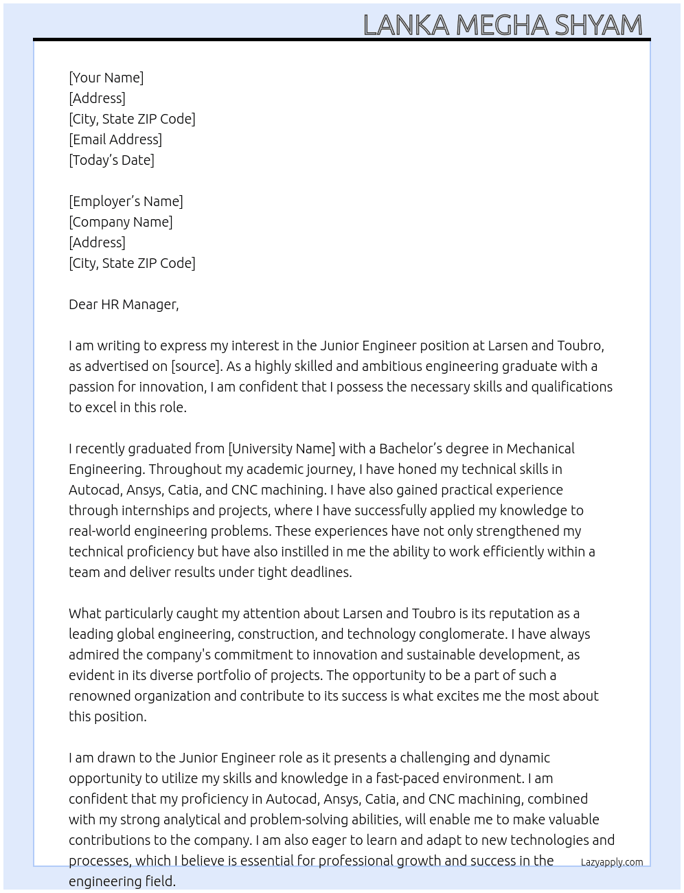 Junior Engineer At Larsen and Toubro Cover Letter