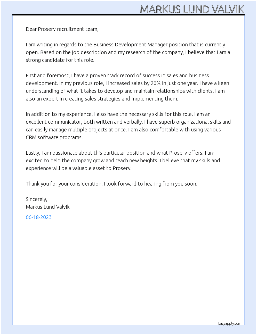Business Development Manager At Proserv Norge AS Cover Letter