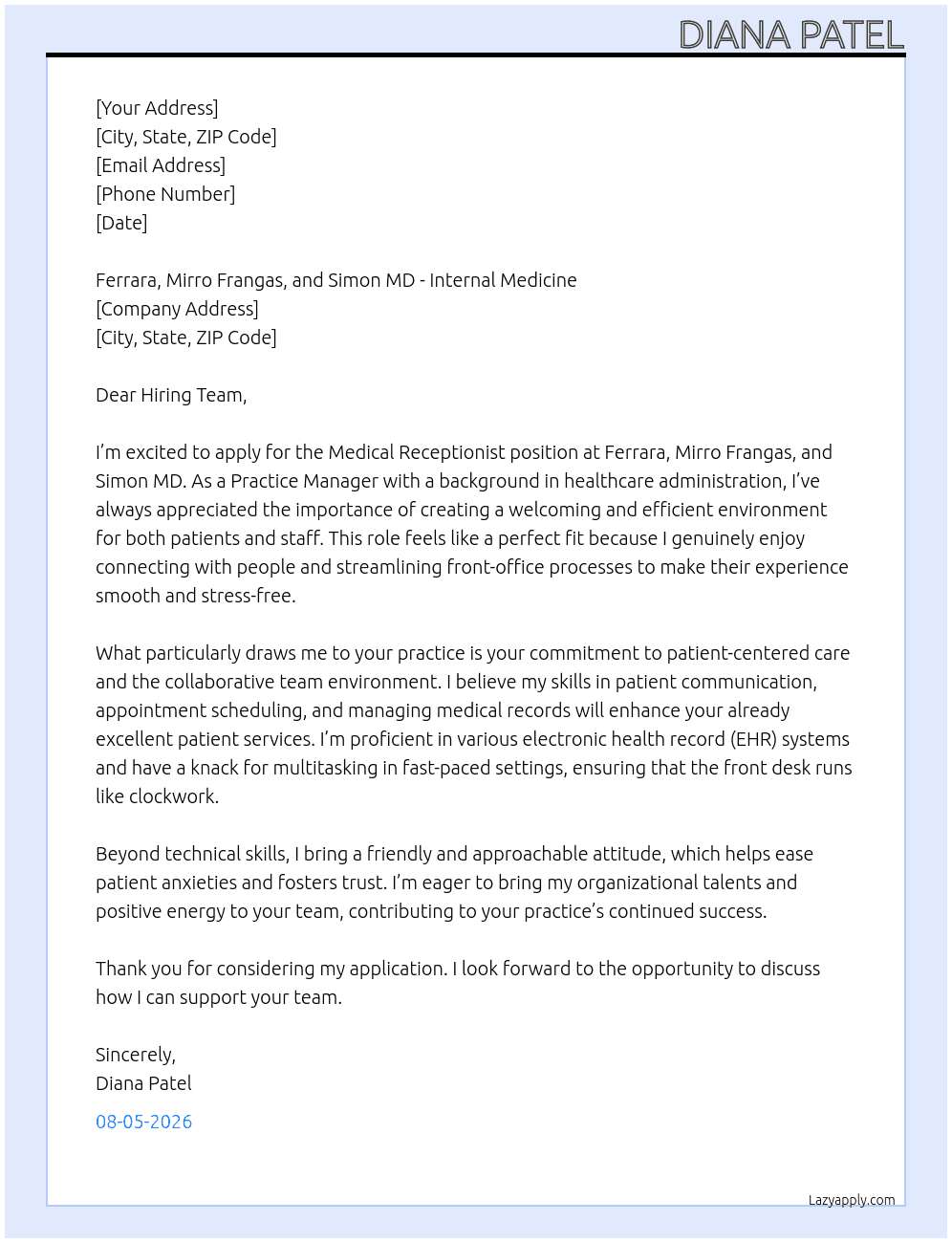 Cover letter for medical receptionist - LazyApply