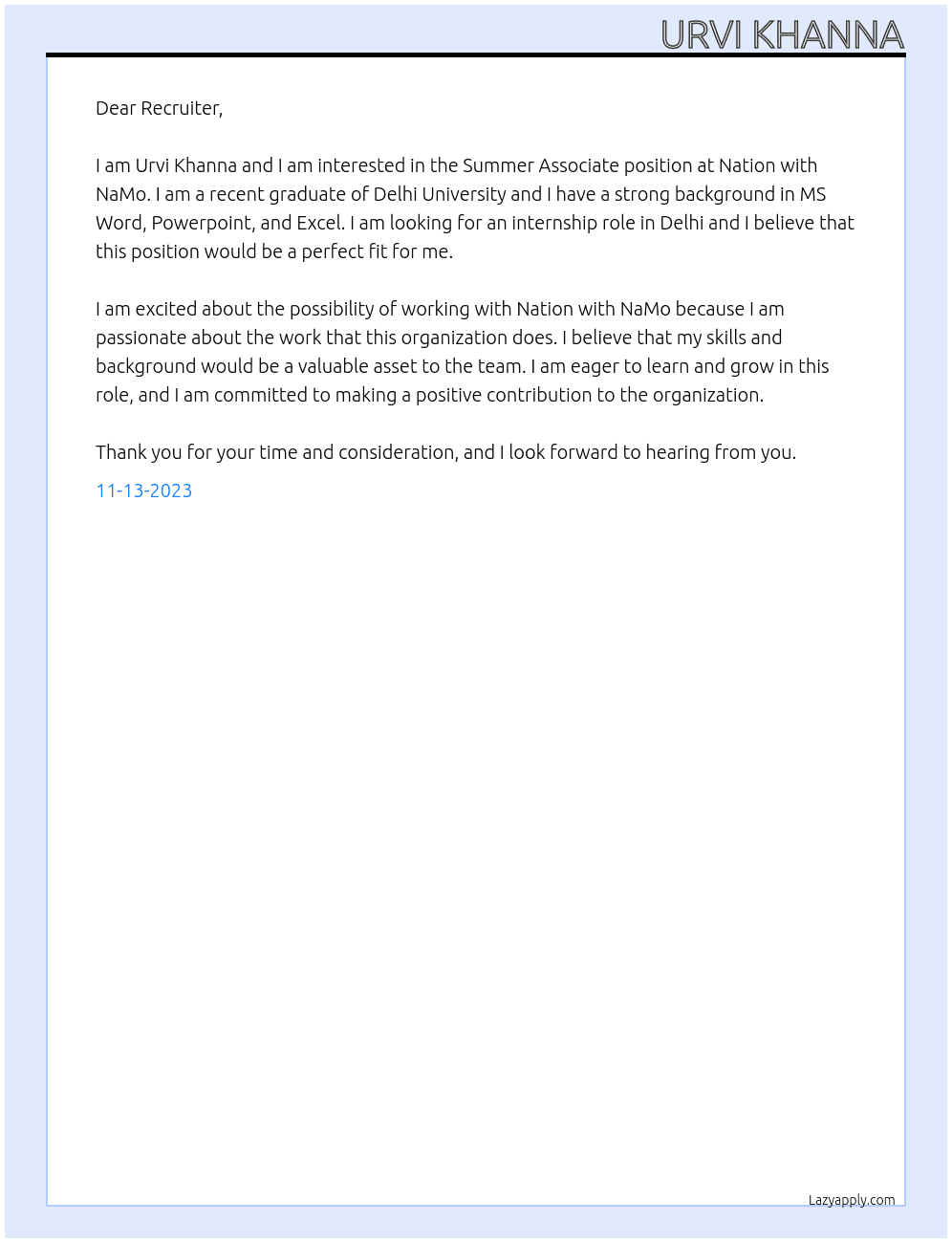 Summer Associate At Nation with NaMo Cover Letter