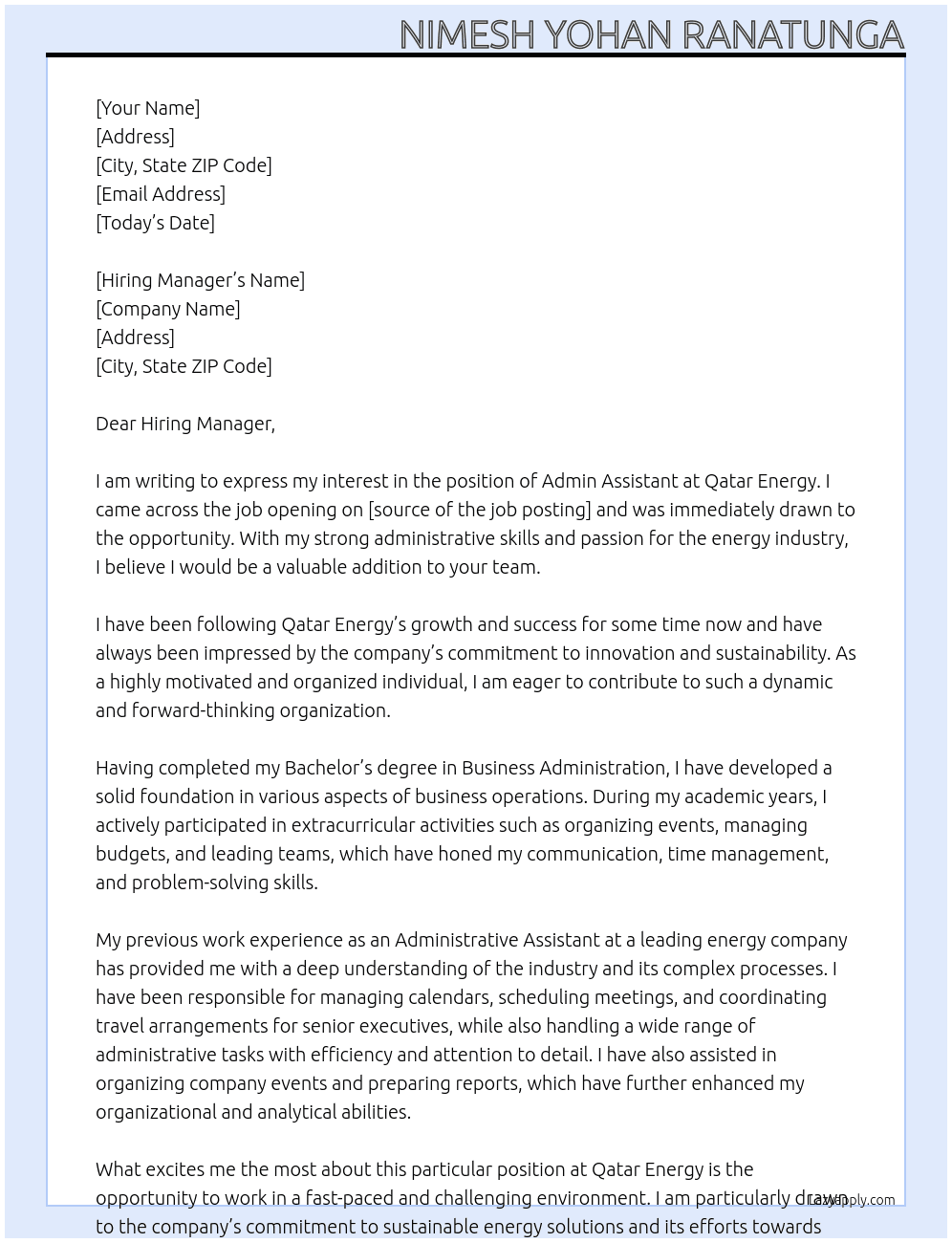 ADMIN ASSISTANT At QATAR ENERGY Cover Letter