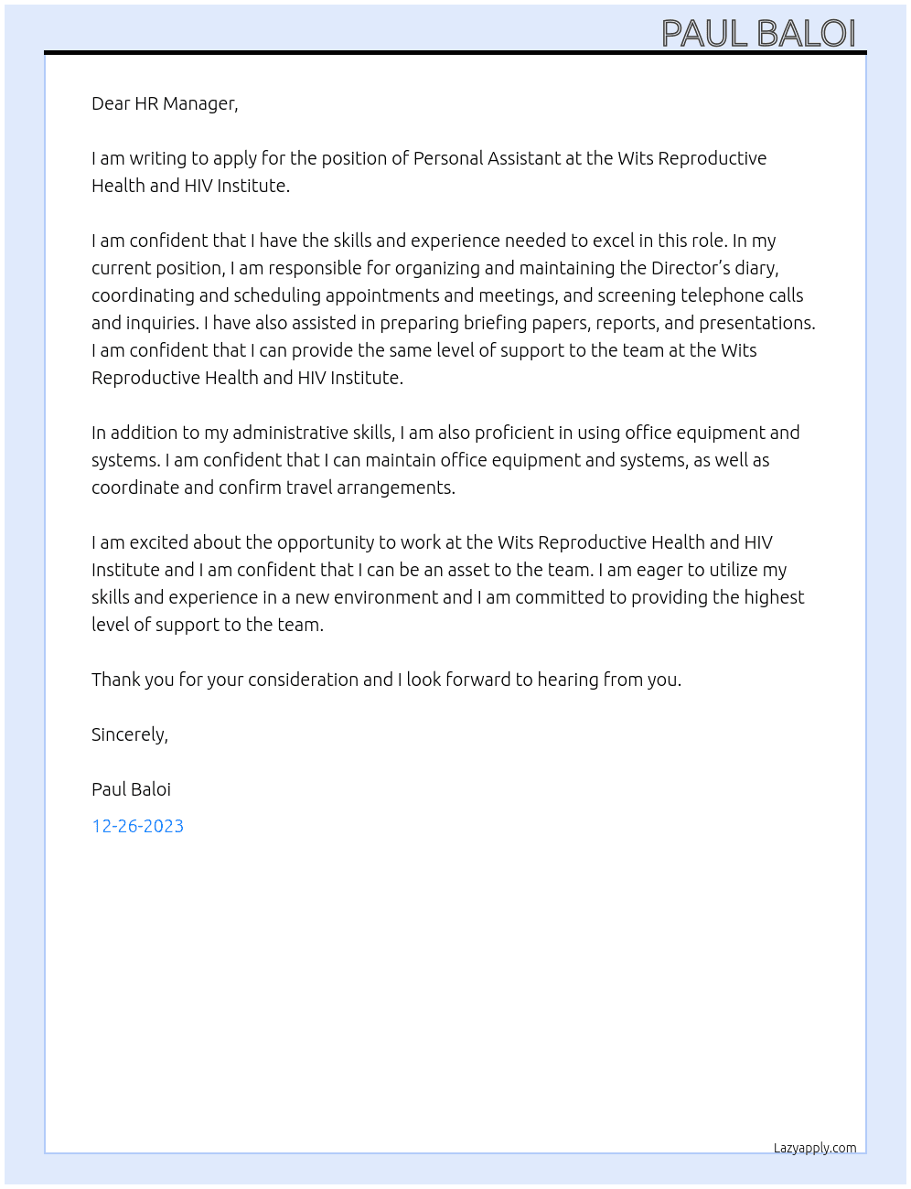 Personal Assistant At Wits Reproductive Health and HIV Institute Cover Letter