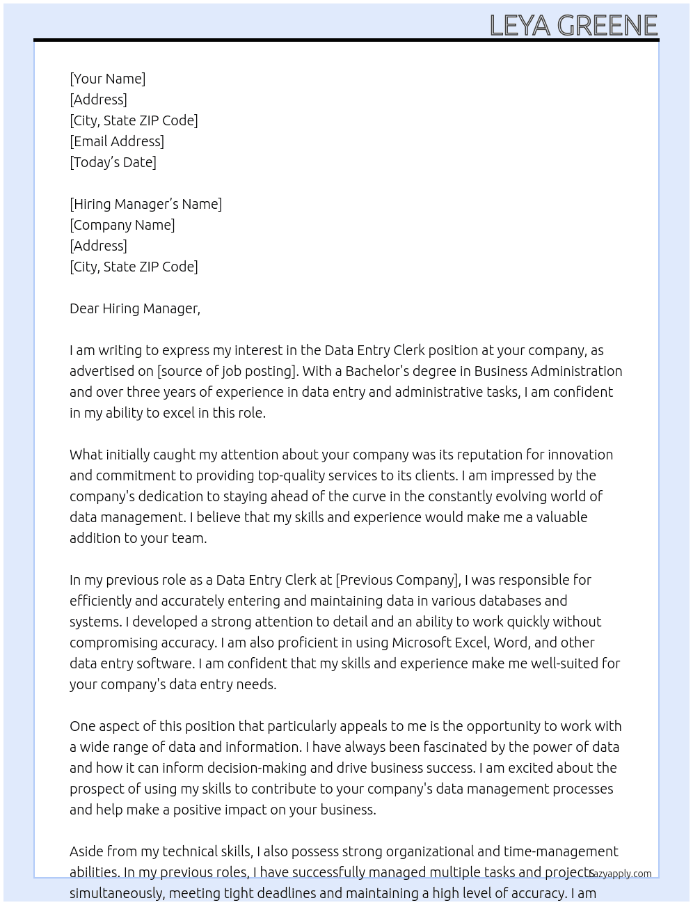 Data Entry Clerk At your company Cover Letter