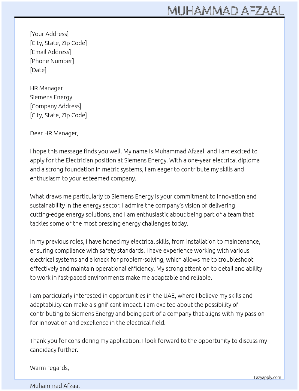 Cover letter for electrician - LazyApply