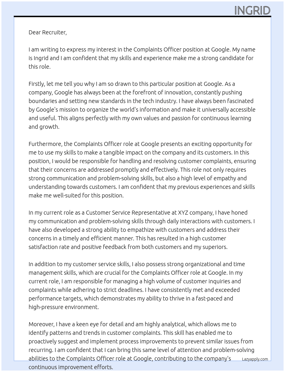 Complaints officer At Google Cover Letter