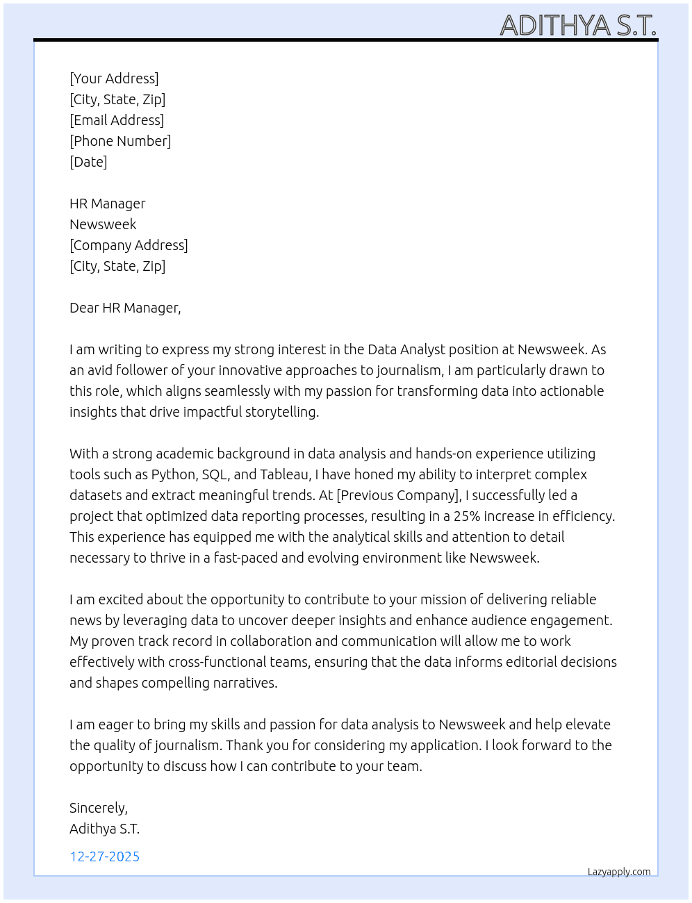 Data Analyst At Newsweek Cover Letter