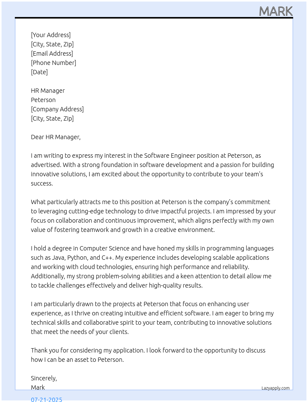 Software Engineer At Peterson Cover Letter