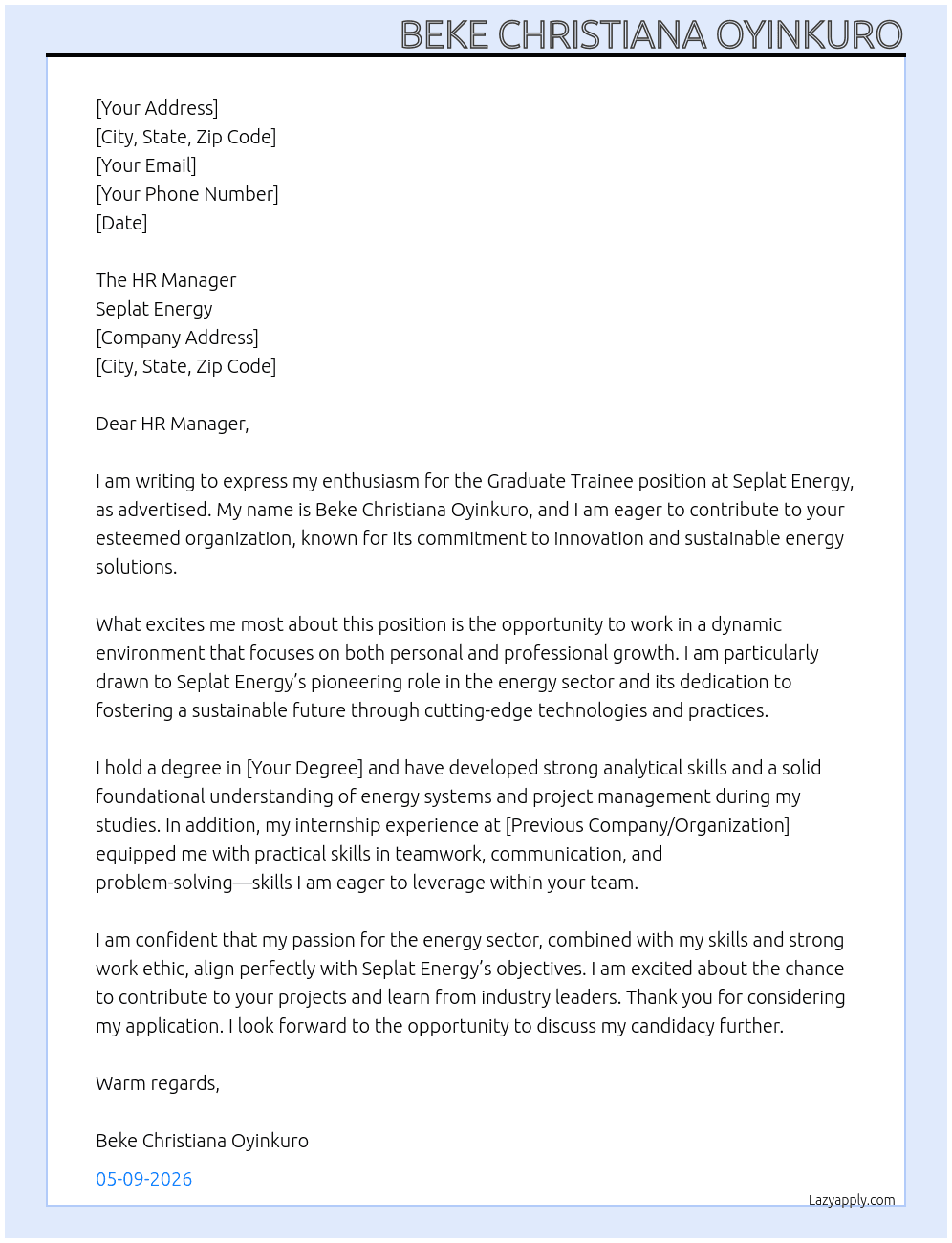 Graduate Trainee At Seplat Energy Cover Letter