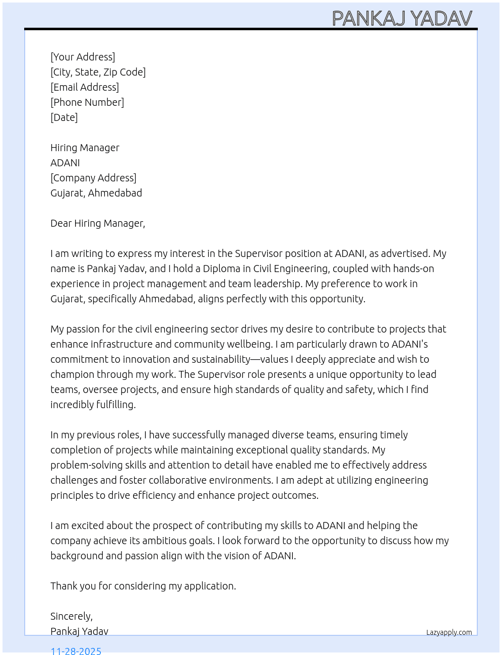 Supervisor At ADANI Cover Letter