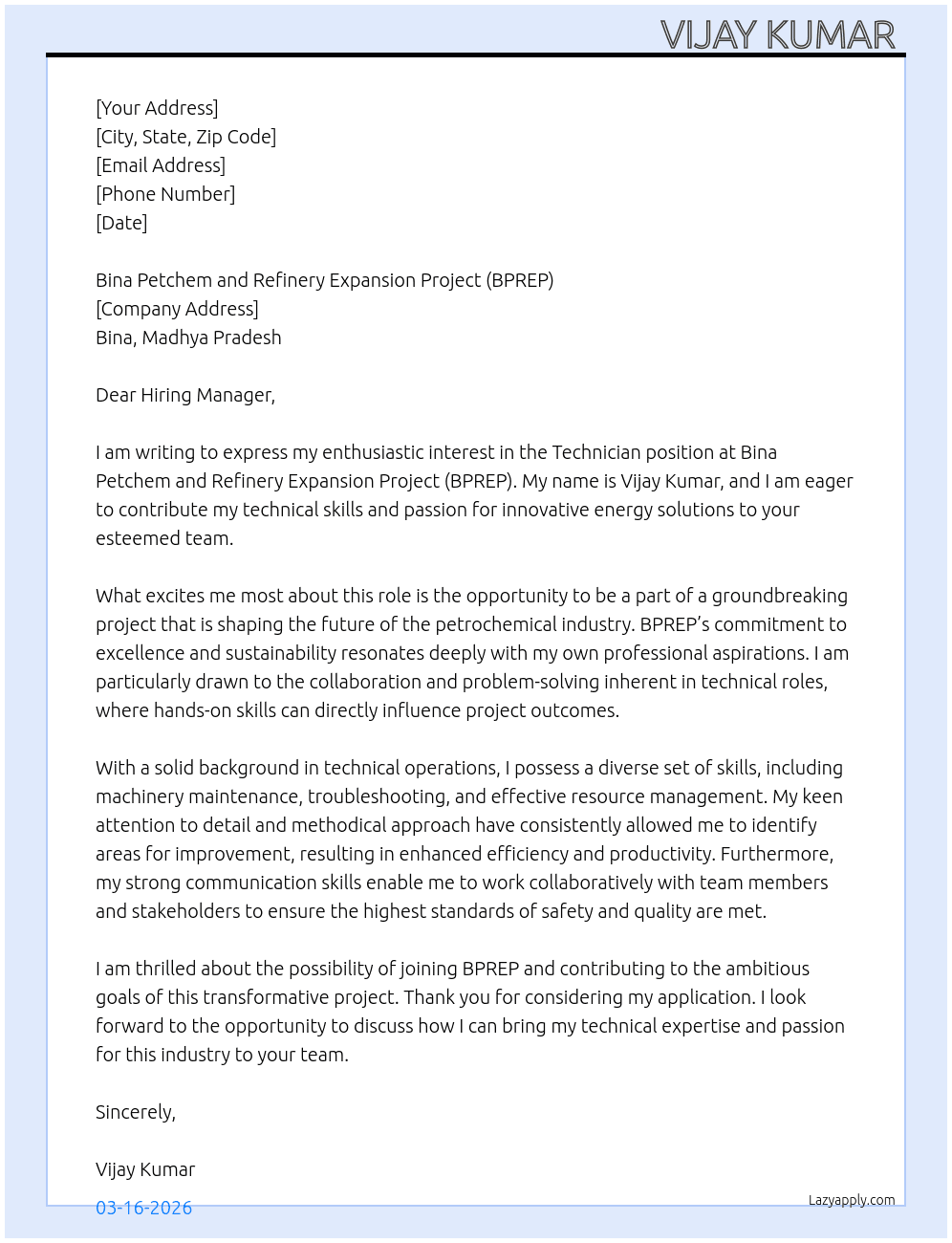 Cover letter for technician - LazyApply