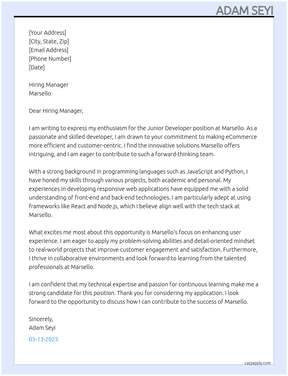 Junior developer At Marsello Cover Letter