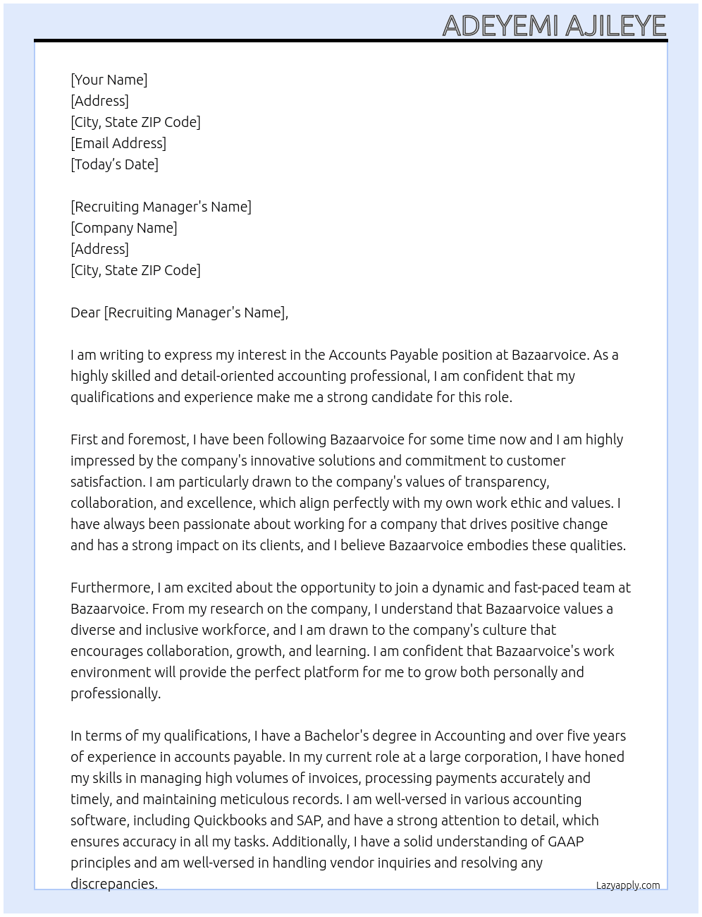 Accounts Payable At bazaarvoice Cover Letter