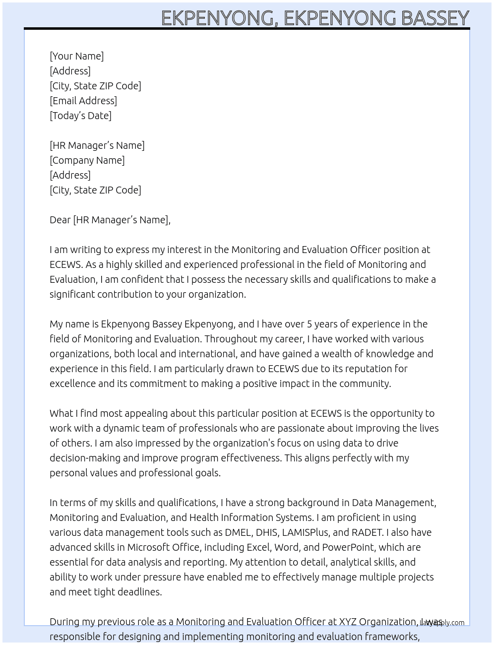 MONITORING AND EVALUATION OFFICER At ECEWS Cover Letter