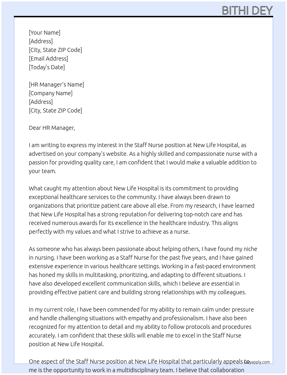 Staff Nurse At New Life Hospital Cover Letter