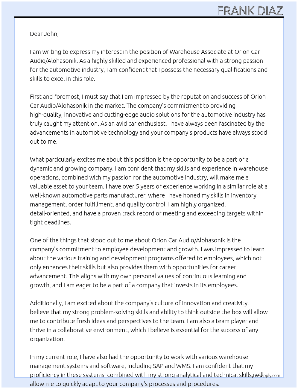 Warehouse Associate At Orion Car Audio/ Alohasonik Cover Letter