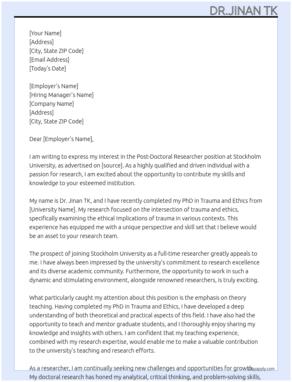 POST DOCTORAL RESEARCHER At STOCKHOLM UNIVERSITY Cover Letter