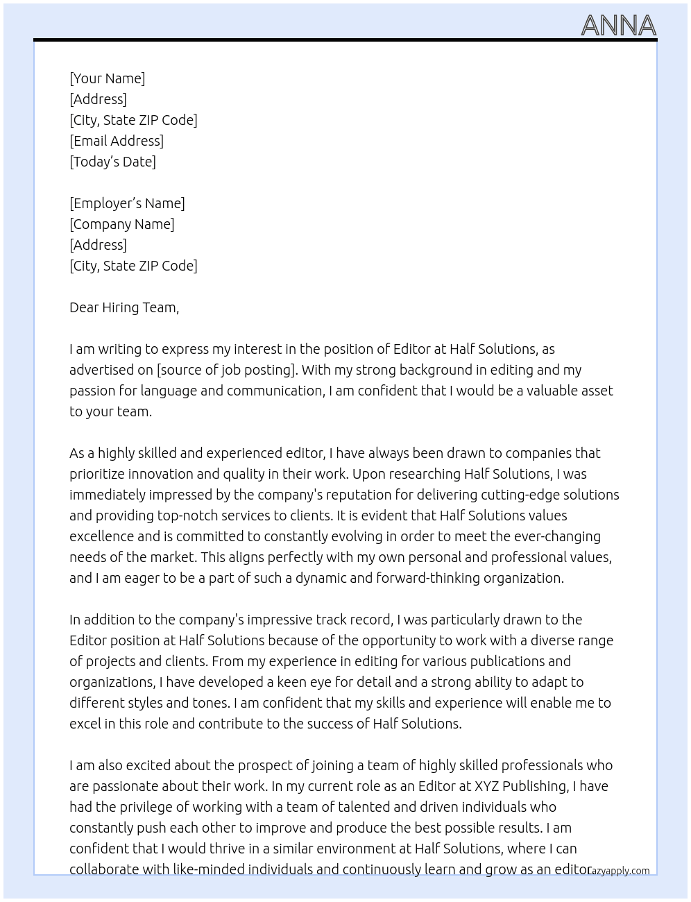Editor At Half Solutions Cover Letter