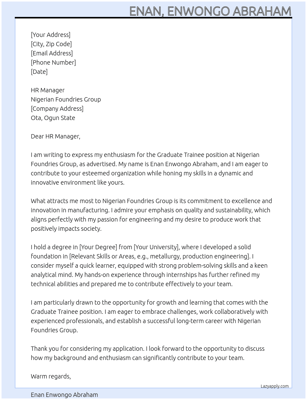 Graduate Trainee At Nigerian Foundries Group Cover Letter