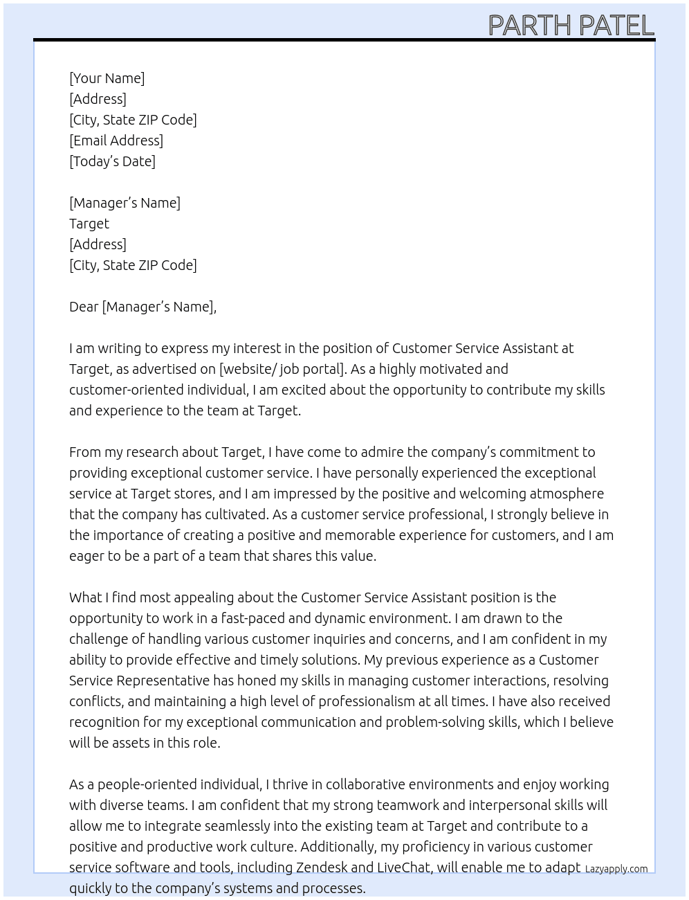 Customer Service Assistant At Target Cover Letter