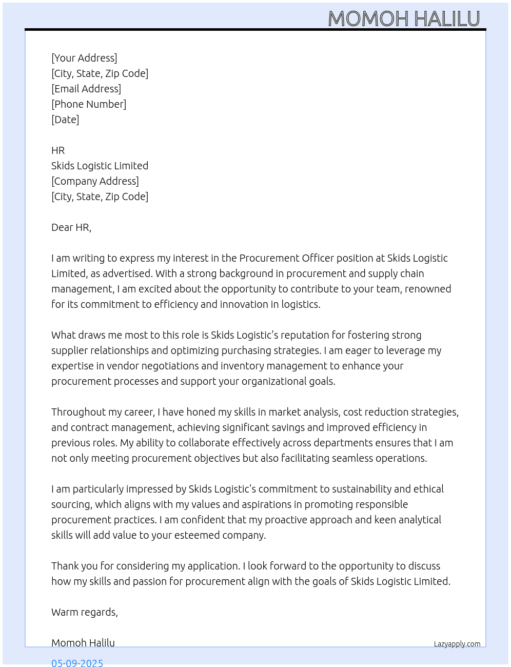 Procurement officer At Skids Logistic Limited Cover Letter