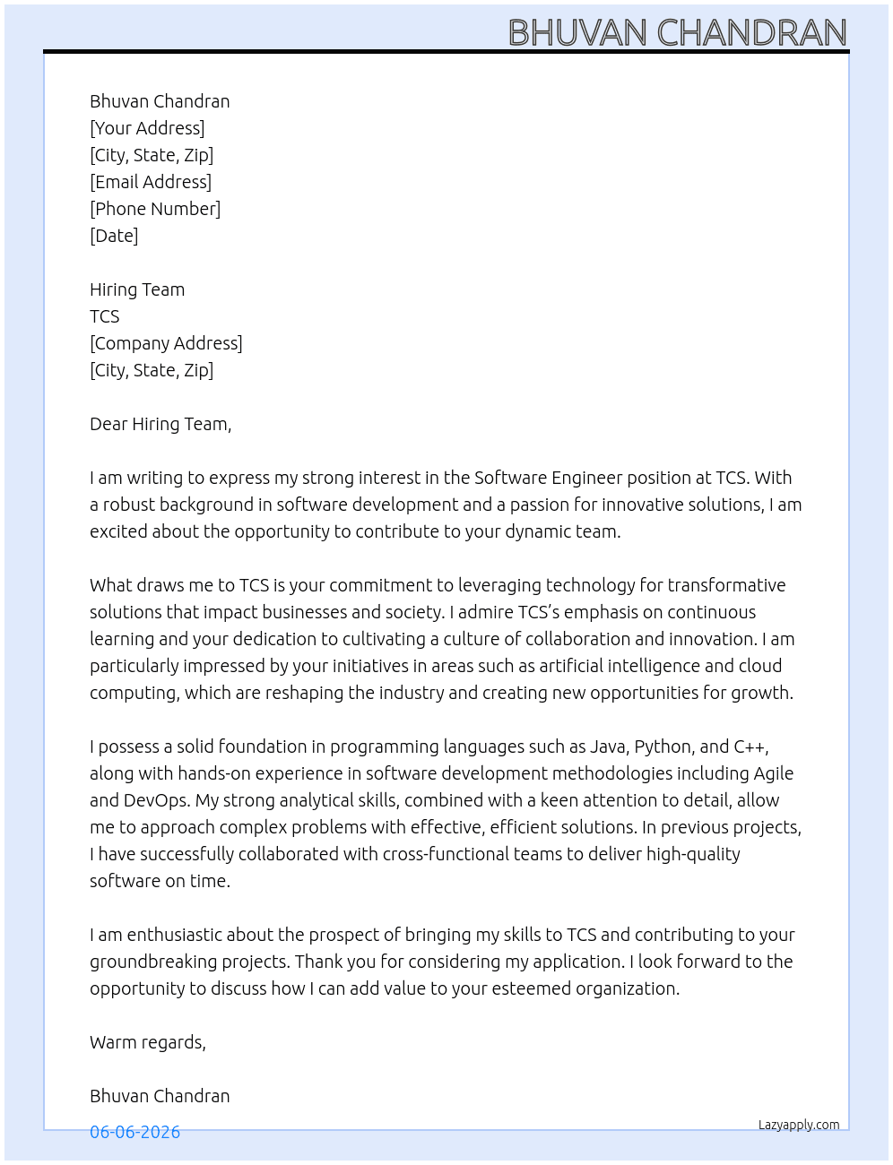 Cover letter for software engineer - LazyApply