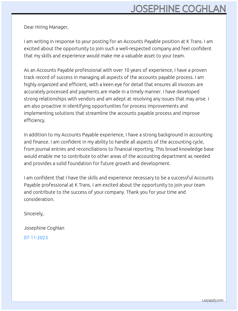 Accounts Payable At K Trans. Cover Letter