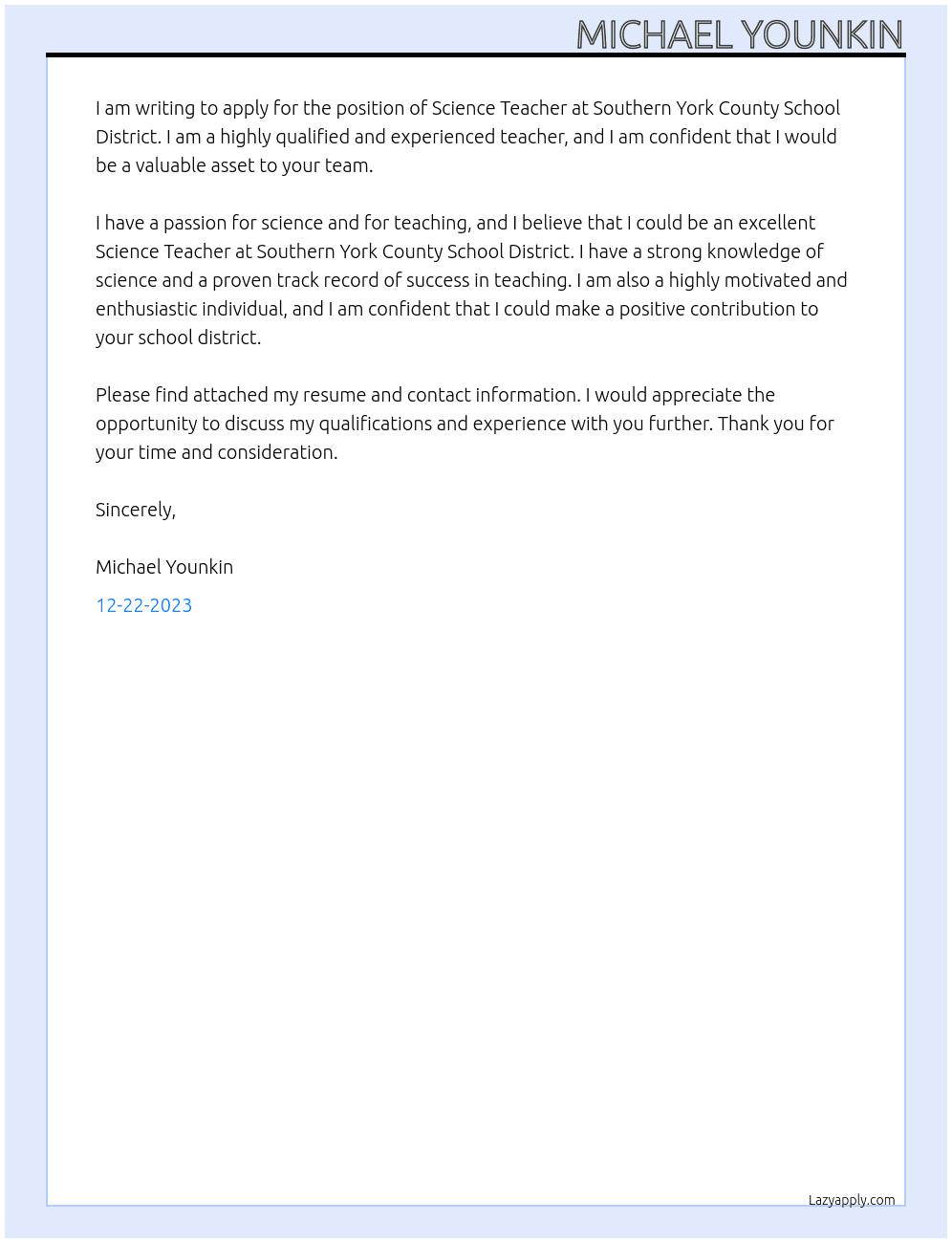 Science Teacher At Southern York County School District Cover Letter