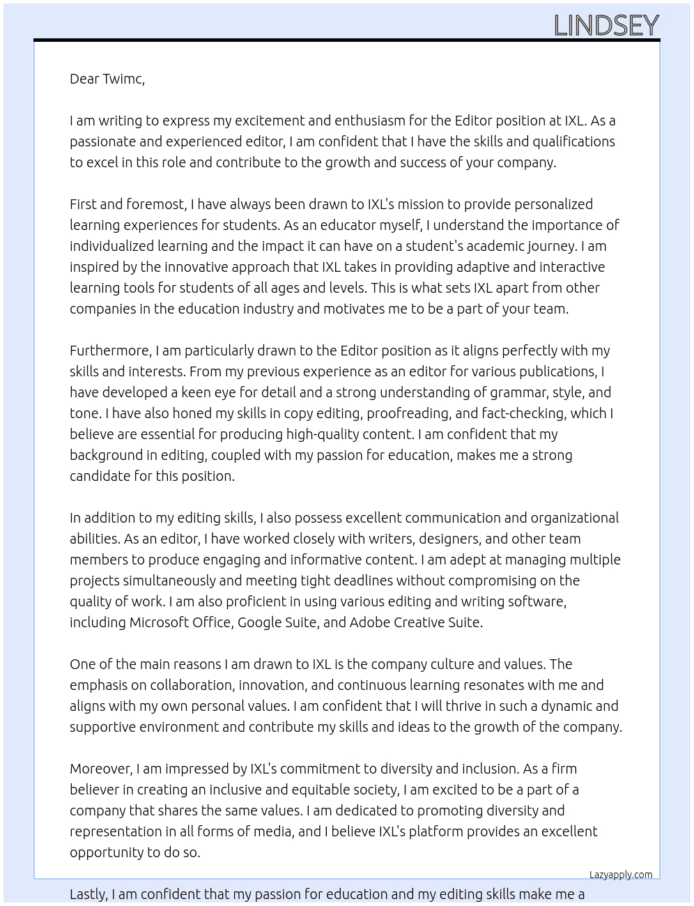 Editor At ixl Cover Letter