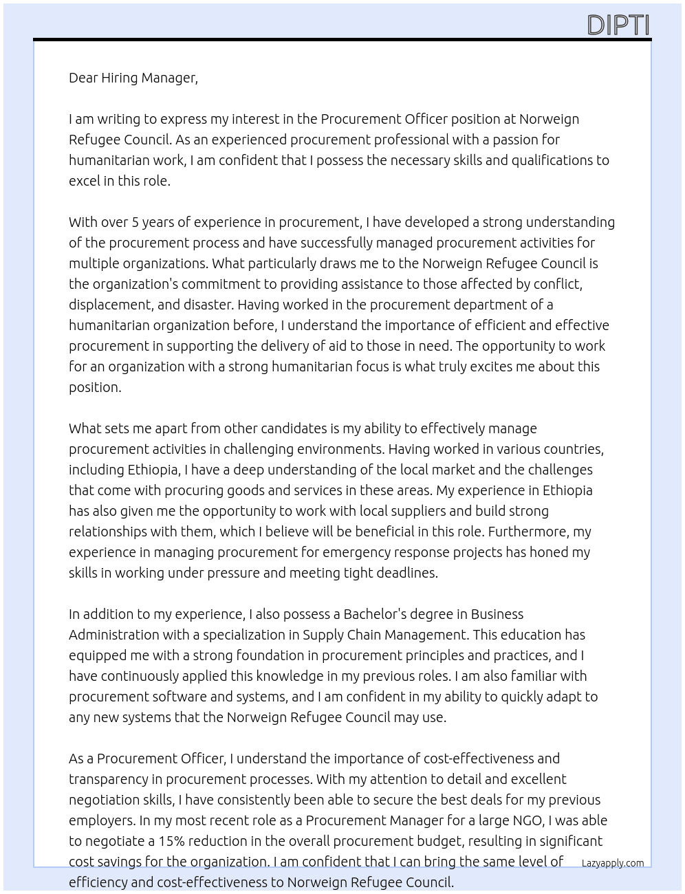 Procurement Officer At Norweign Refugee Council Cover Letter