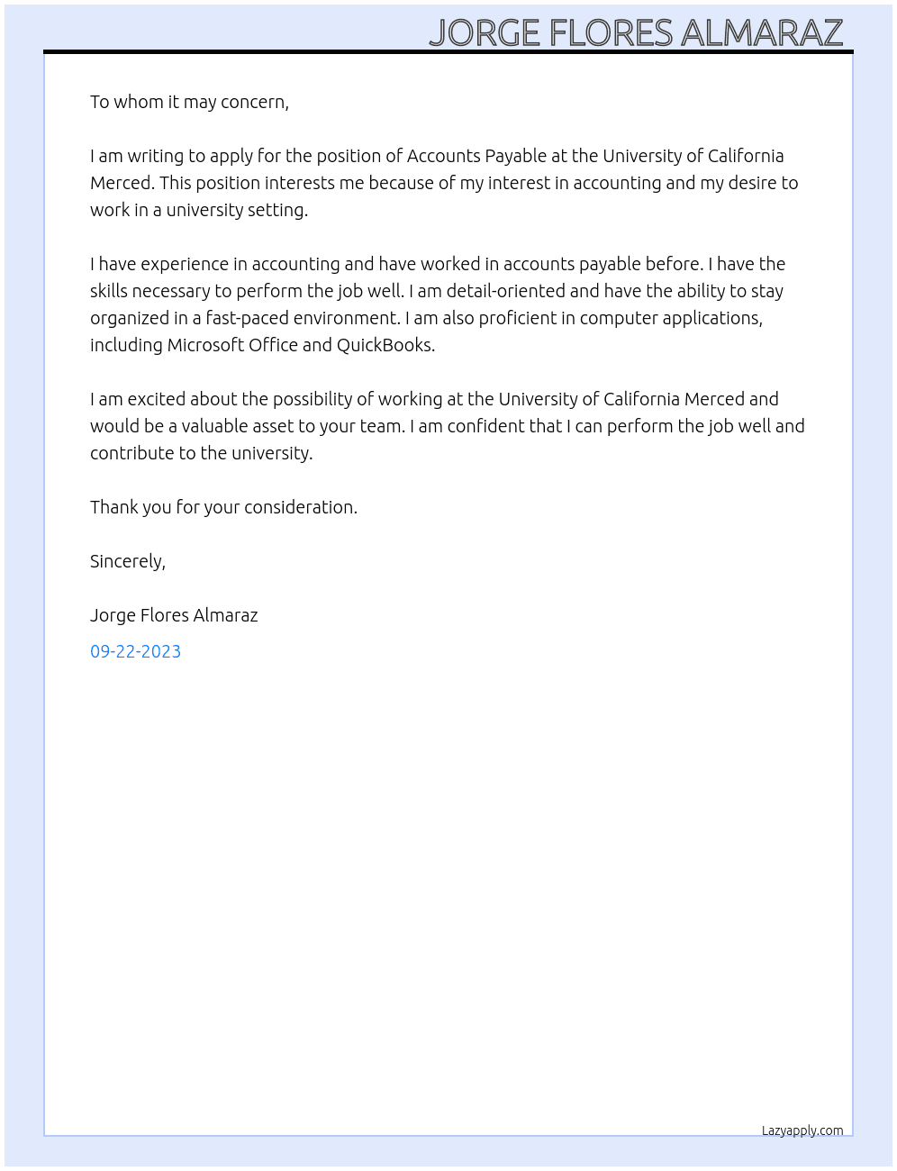 Accounts payable At University of California Merced Cover Letter