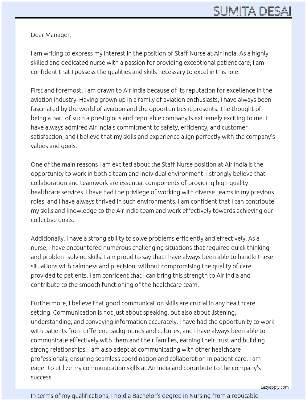 Staff Nurse At Air India Cover Letter